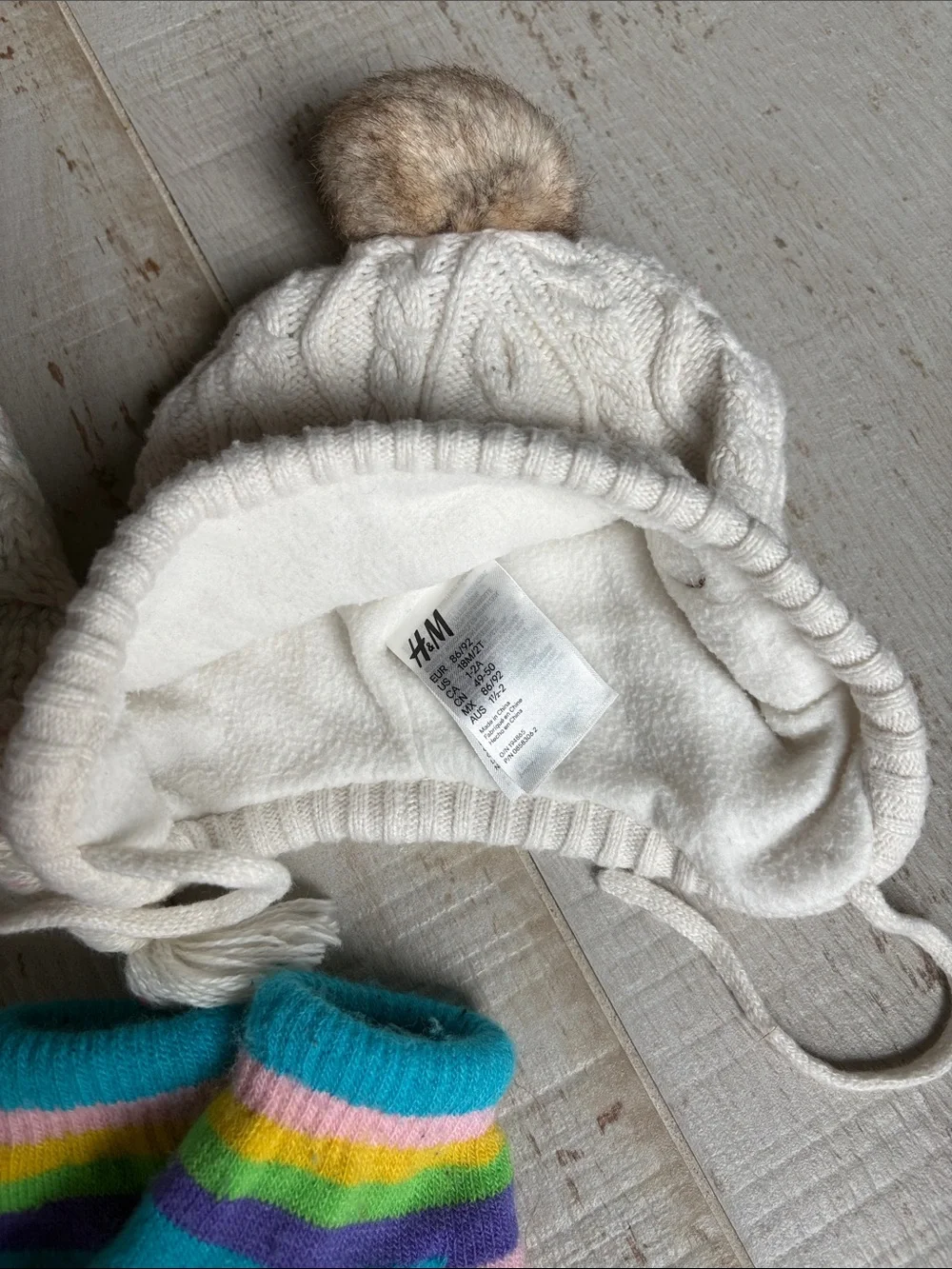 $5💕 Kids Cream Cable-Knit Pom Pom Winter Hat with Gloves Set